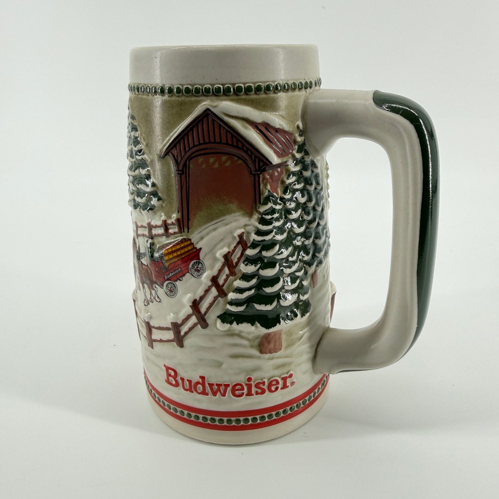1984 Budweiser Holiday Stein Multicolor Ceramic Covered Bridge Clydesdales